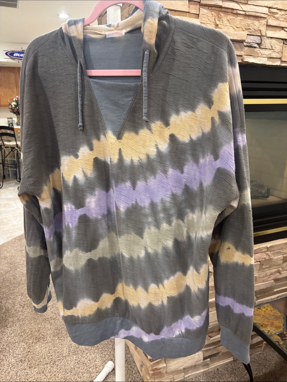 Free People Hooded V-Neck Tie-Dye Sweater/sweatshirt in Gray, Lavender & Cream